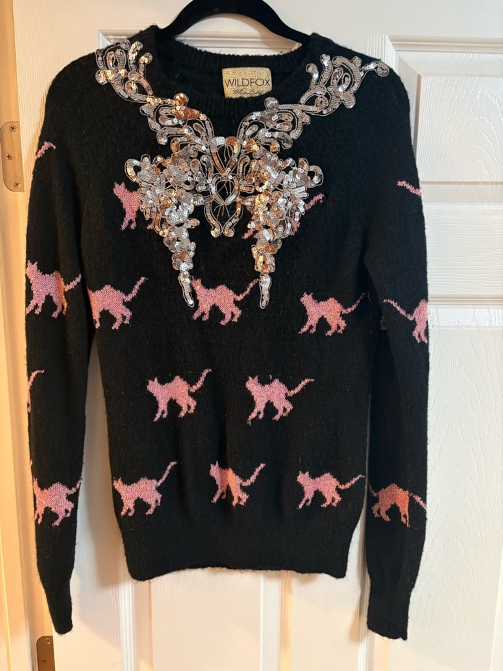 Wildfox white label sweater cats sequins long sleeve wool blend fall autumn S